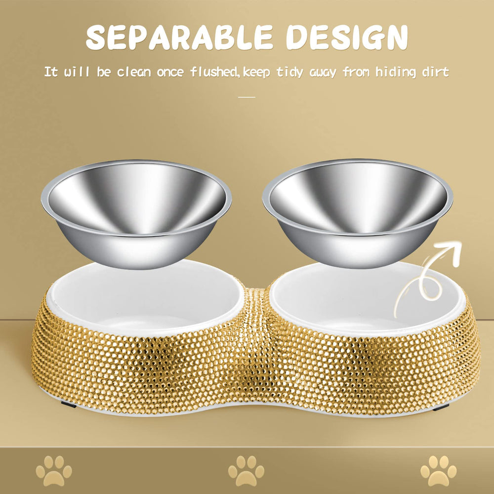 eing dual bowls for two pets in gold, perfect for simultaneous feeding