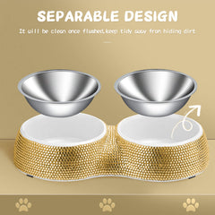 eing dual bowls for two pets in gold, perfect for simultaneous feeding