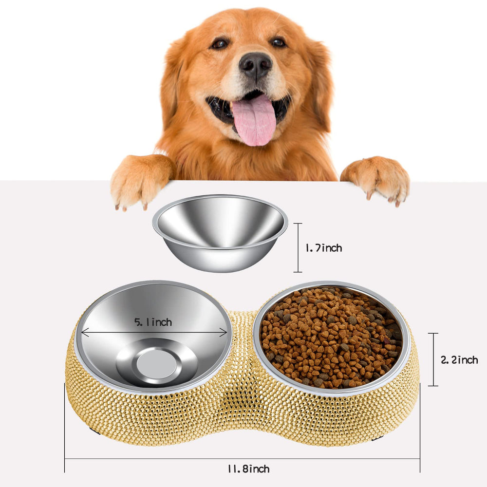 eing easy-to-clean stainless steel bowls with gold finish