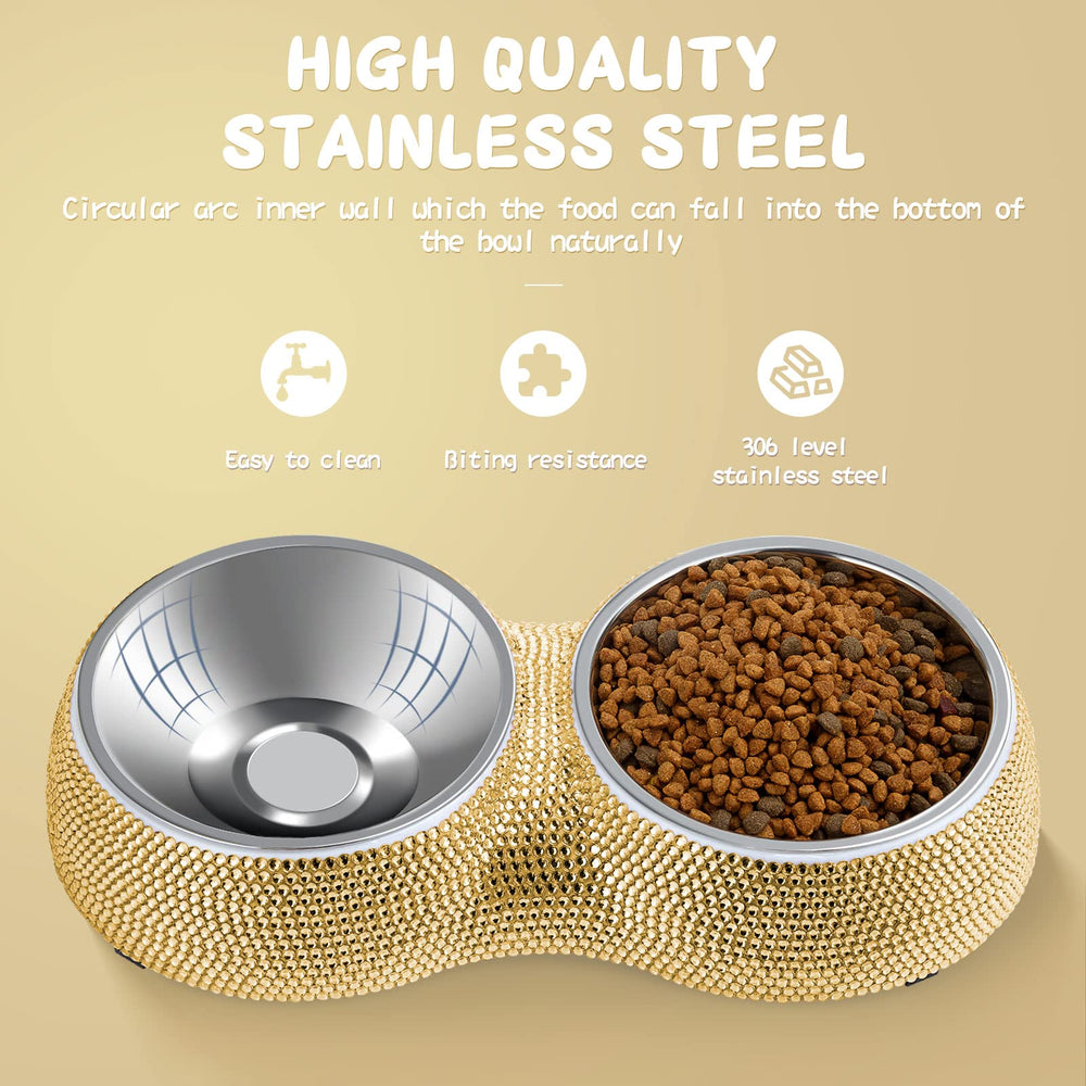 eing two bowls for feeding two pets at once in gold