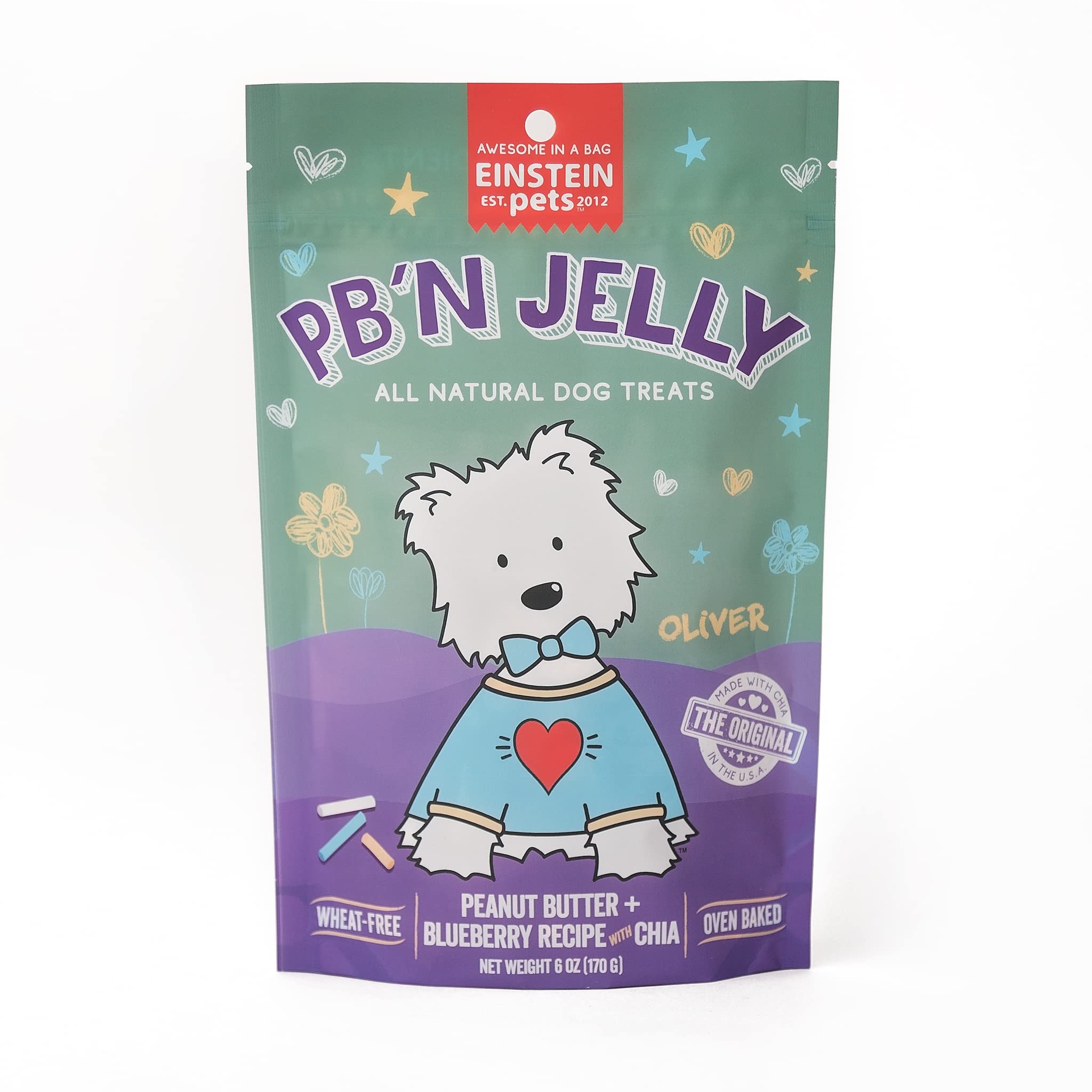 Einstein Pets Everydays PB’N Jelly treats bag front shows heart-shaped biscuits for training rewards