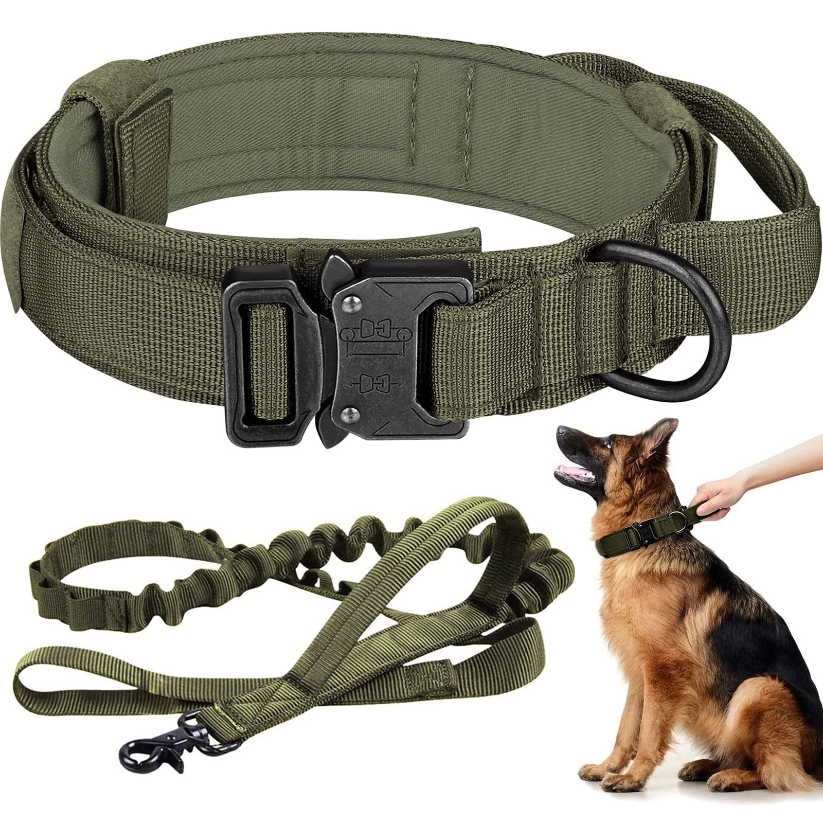 Eitchen Tactical dog collar army green closeup highlights durable 1000D nylon and padded neck protection.