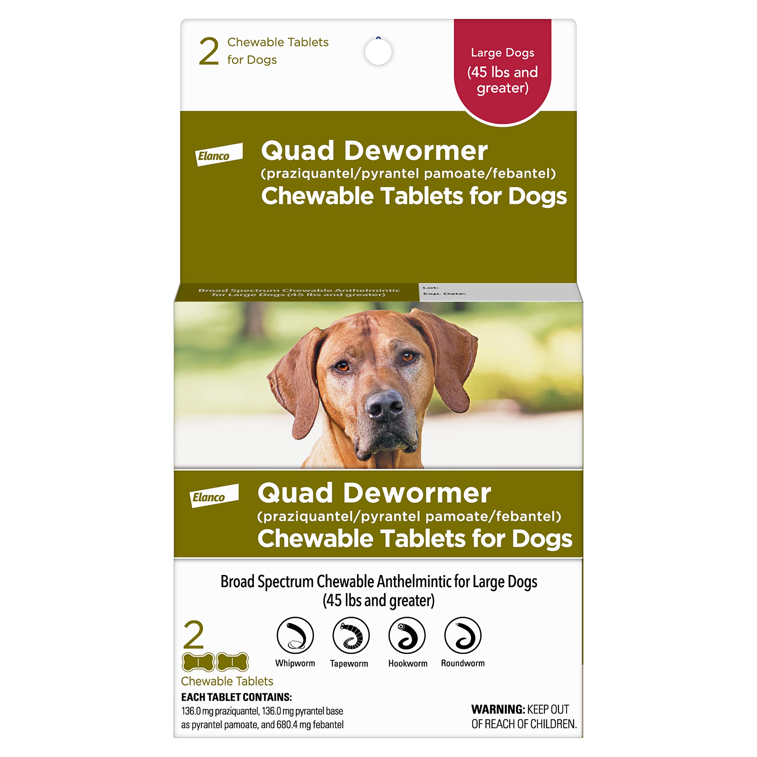 Elanco Quad Dewormer packaging shows beef-flavored chewables for large dogs.