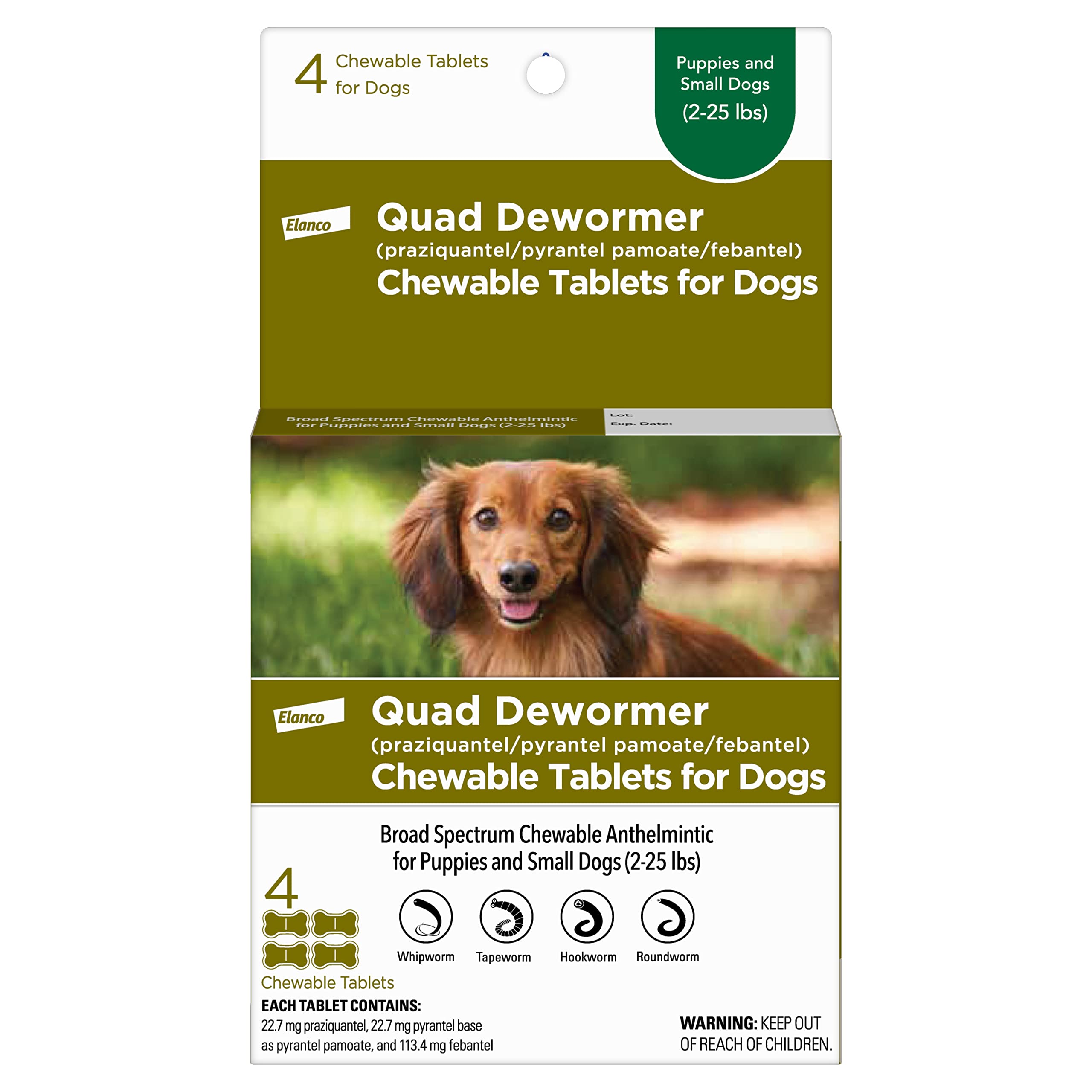 Elanco Quad Dewormer small-dogs package with white tablets for easy dosing.