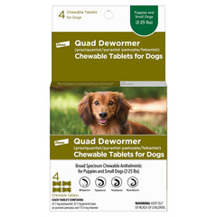 Elanco Quad Dewormer small-dogs package with white tablets for easy dosing.