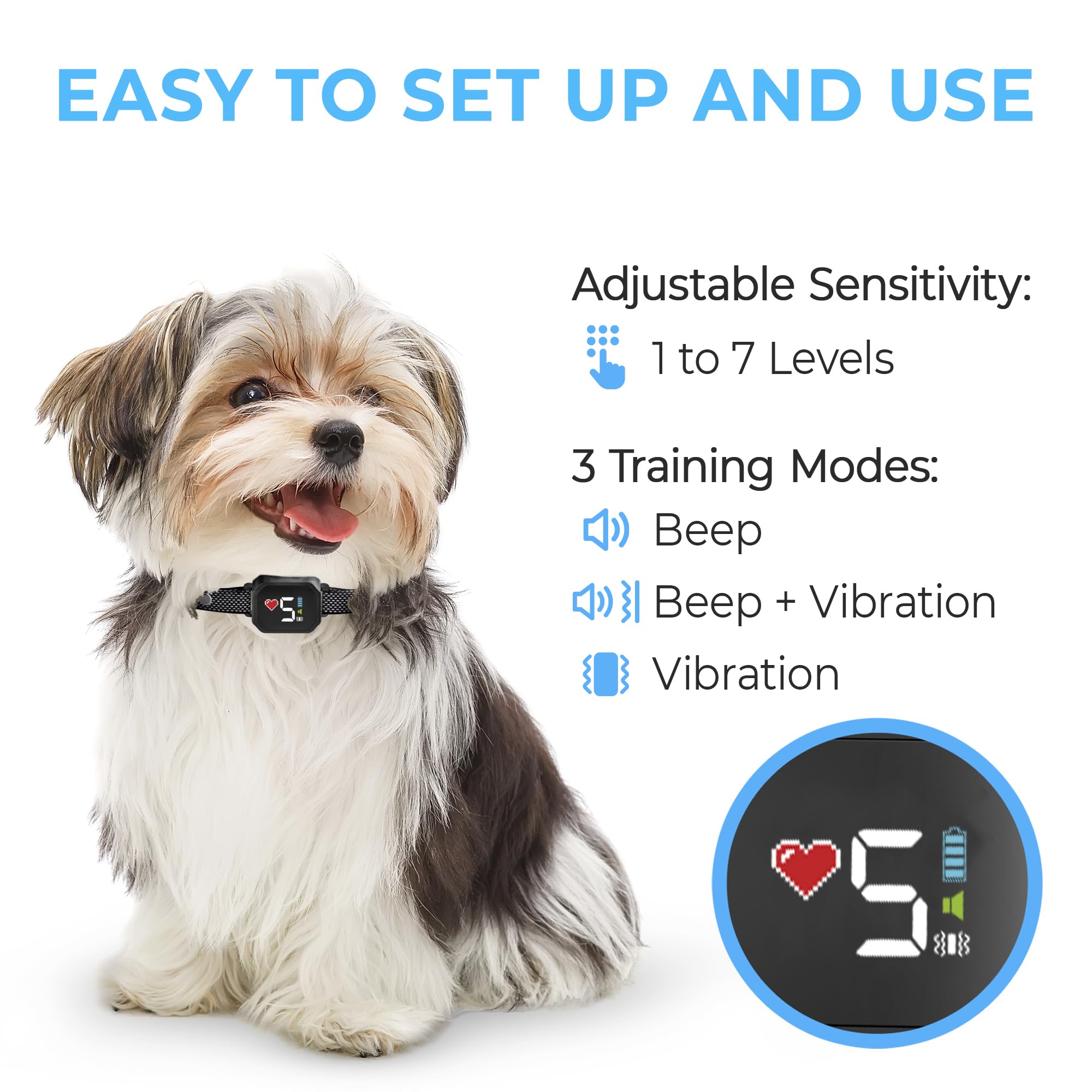ELECANE bark collar offers 7 sensitivity levels for tailored training.