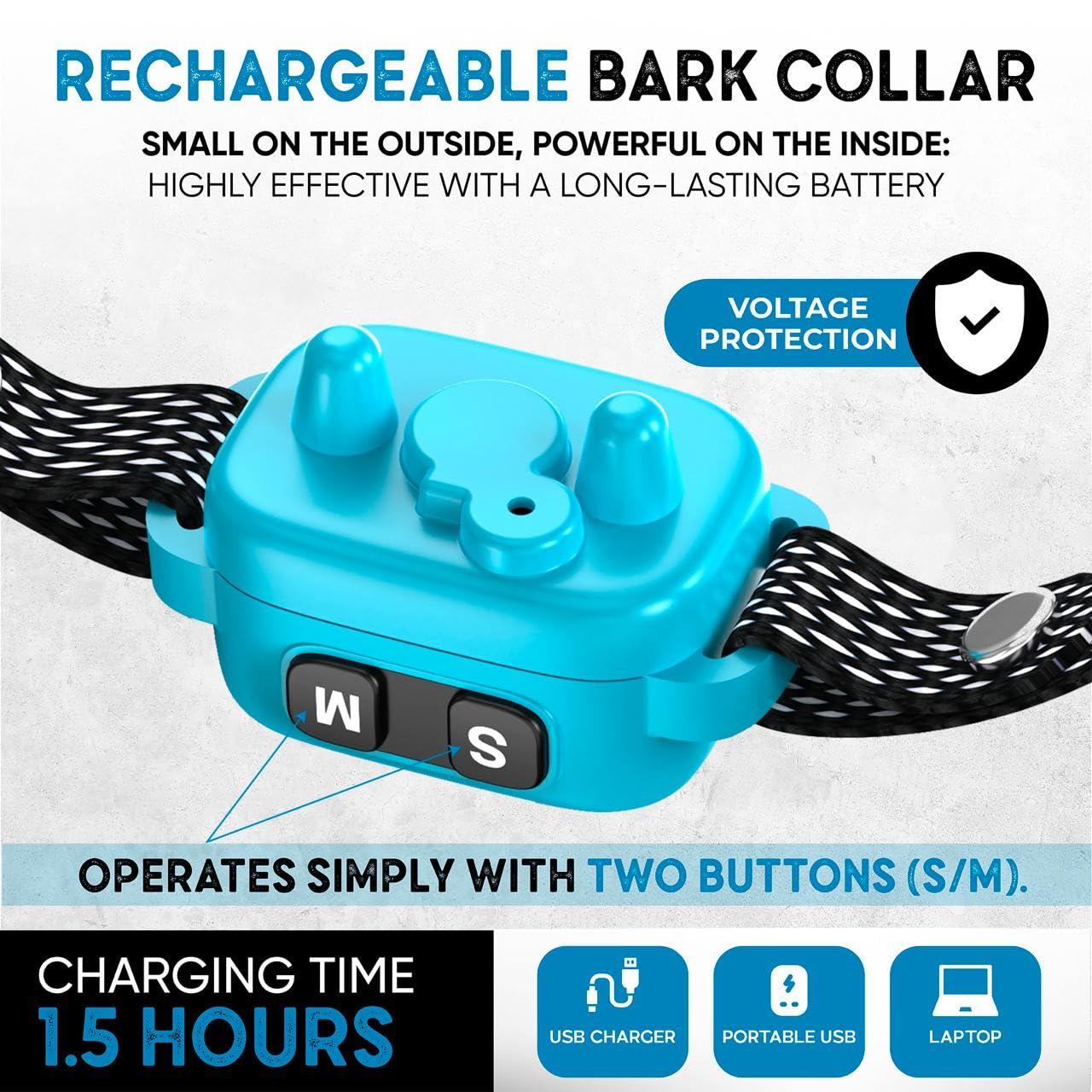 ELECANE Tiny Bark Collar Blue button panel demonstrates three beep and vibration modes.