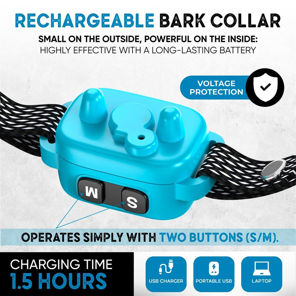 ELECANE Tiny Bark Collar Blue button panel demonstrates three beep and vibration modes.
