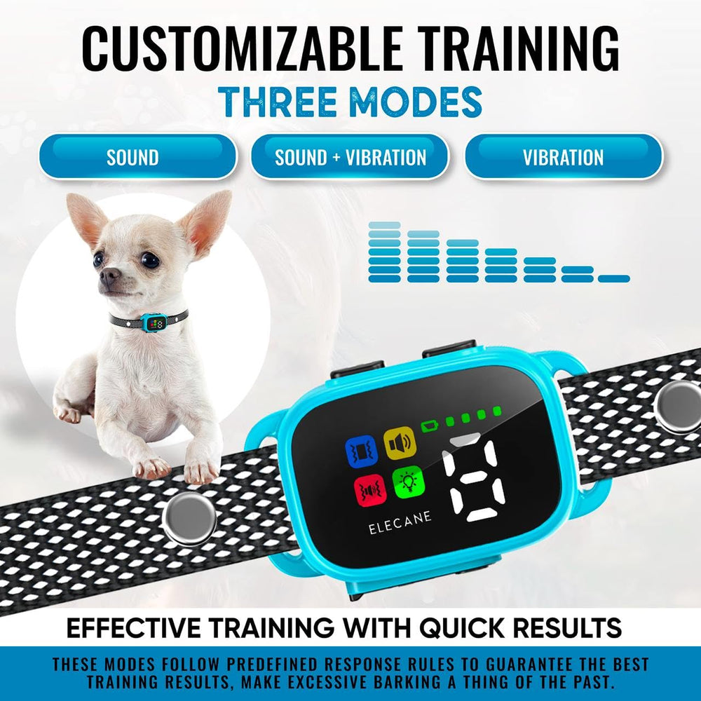 ELECANE Tiny Bark Collar Blue close-up of controls shows 7 sensitivity levels.