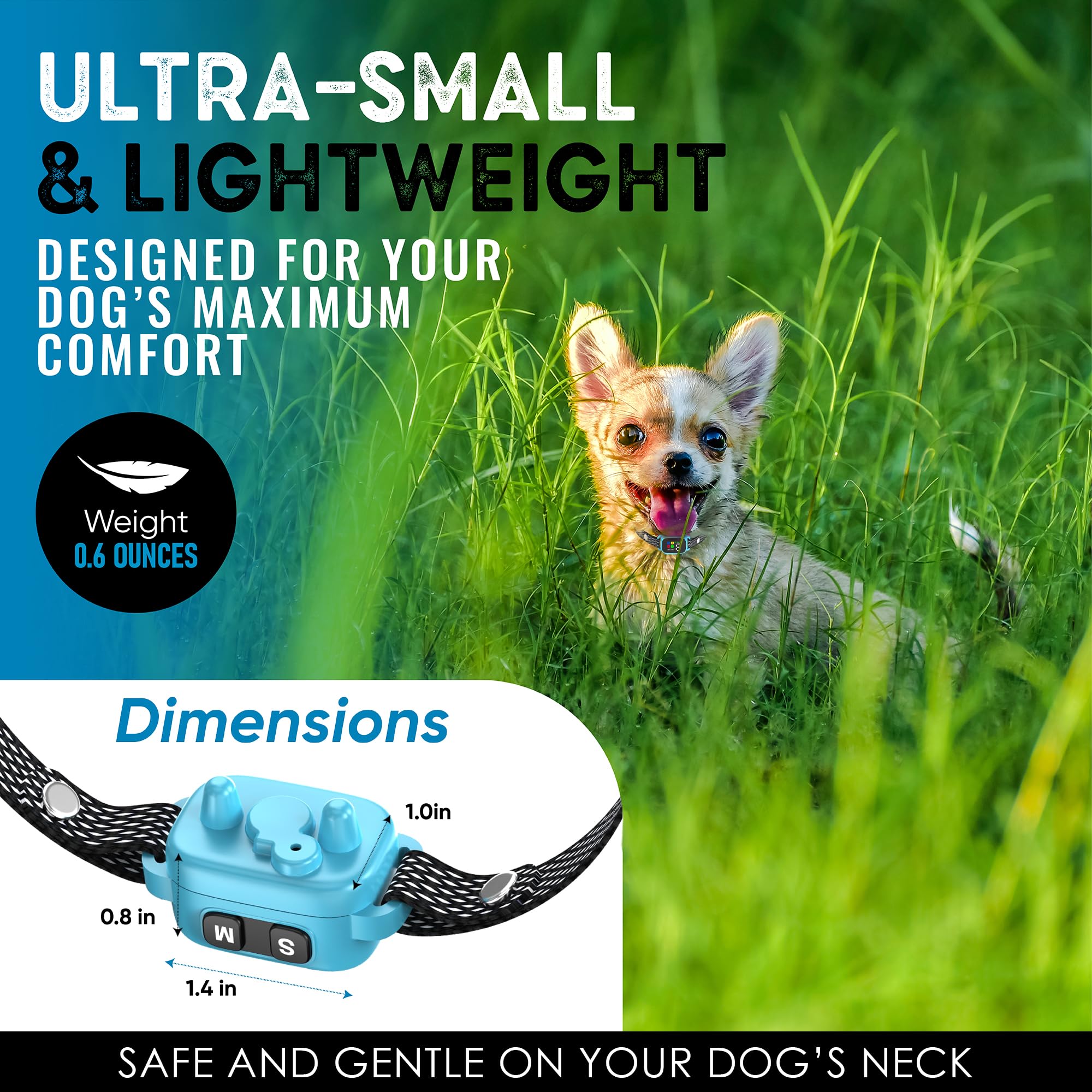 ELECANE Tiny Bark Collar Blue adjustable strap fits necks 6 to 20 inches.