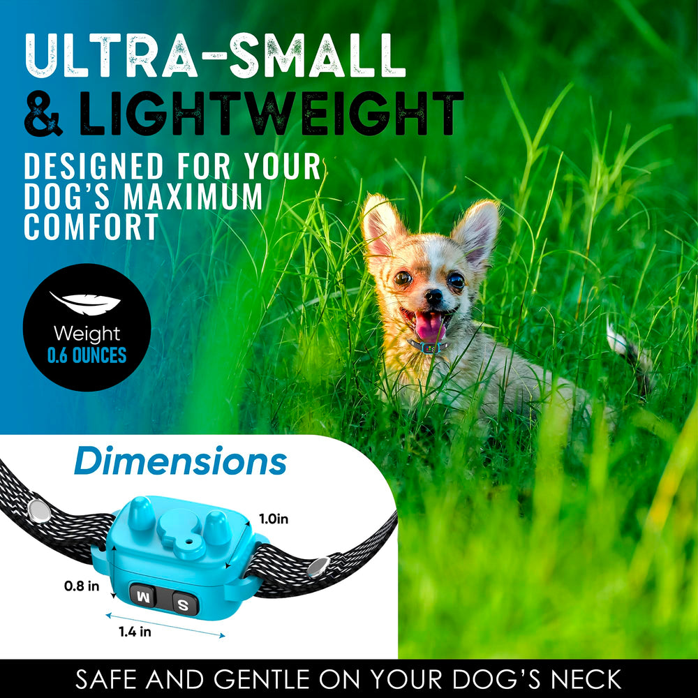 ELECANE Tiny Bark Collar Blue adjustable strap fits necks 6 to 20 inches.
