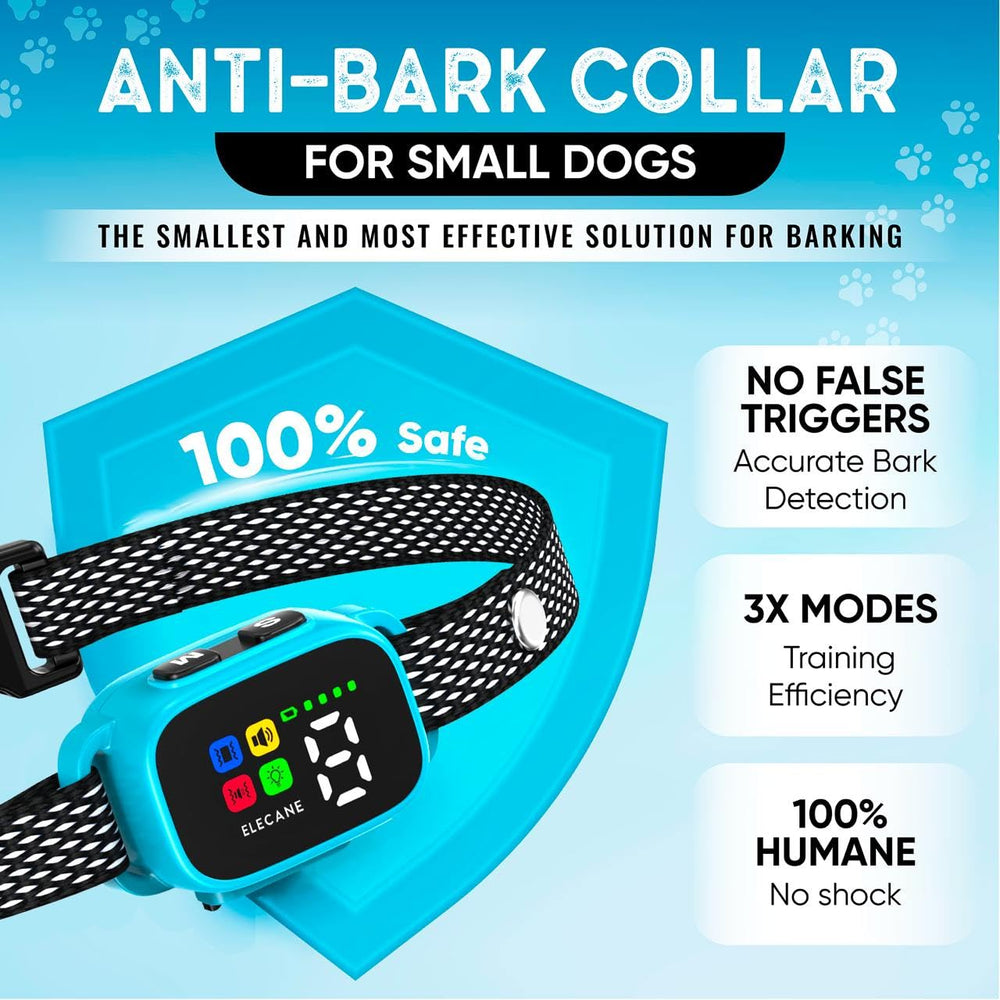 ELECANE Tiny Bark Collar Blue packaging highlights humane approach for home training.