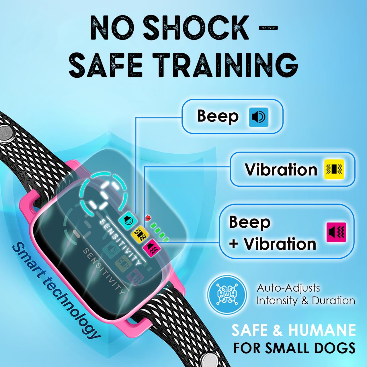 ELECANE training-modes-beep-vibration adjustable settings for humane control.