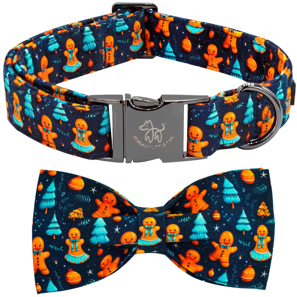 Elegant little tail Christmas dog collar with blue gingerbread-man motif for festive photos
