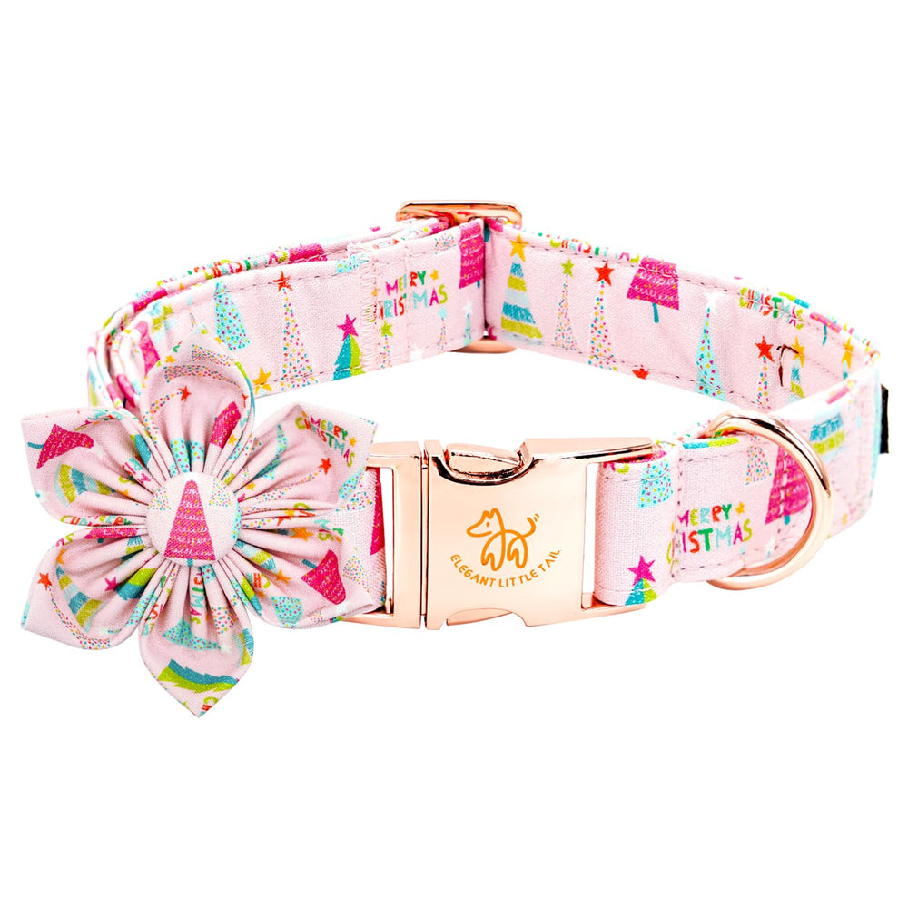Elegant little tail Christmas dog collar closeup showing soft cotton fabric and sturdy build.