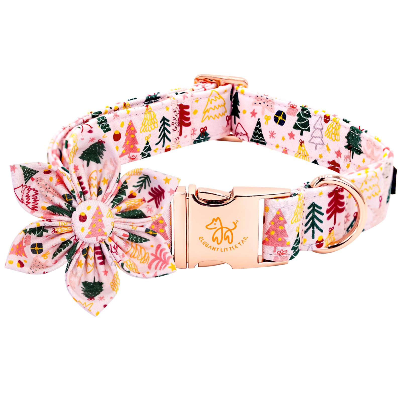 Elegant little tail Christmas dog collar with pink flower detail enhances festive style and comfort.