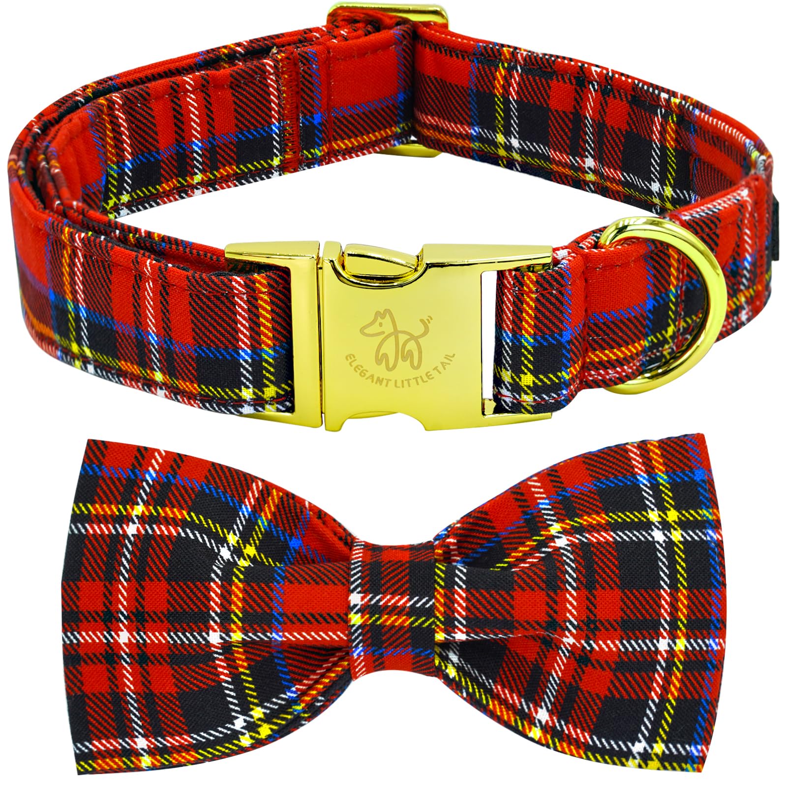 Elegant little tail Christmas collar front view with plaid bow for festive pet style