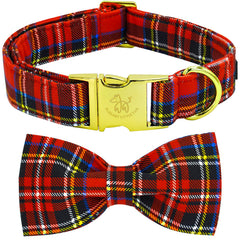 Elegant little tail Christmas collar front view with plaid bow for festive pet style