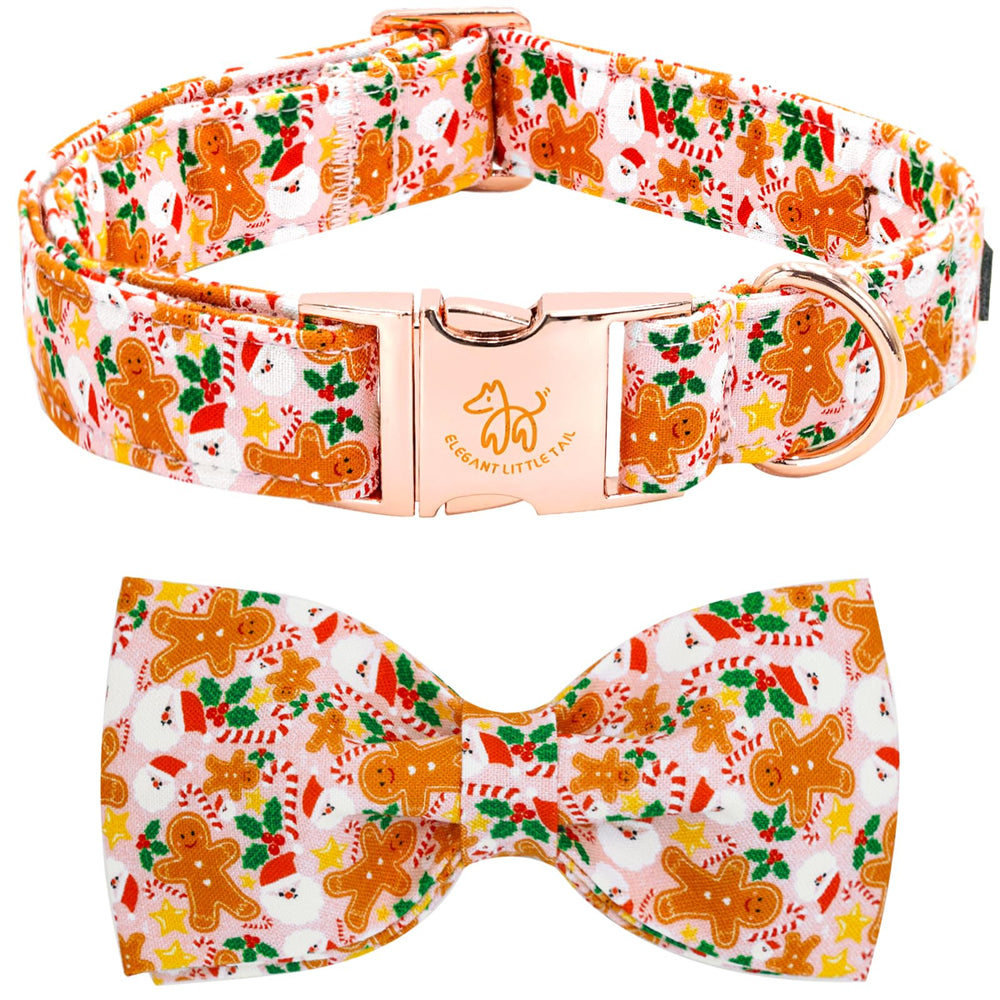 Elegant little tail Christmas dog collar with pink gingerbread bow and red buckle for festive flair.