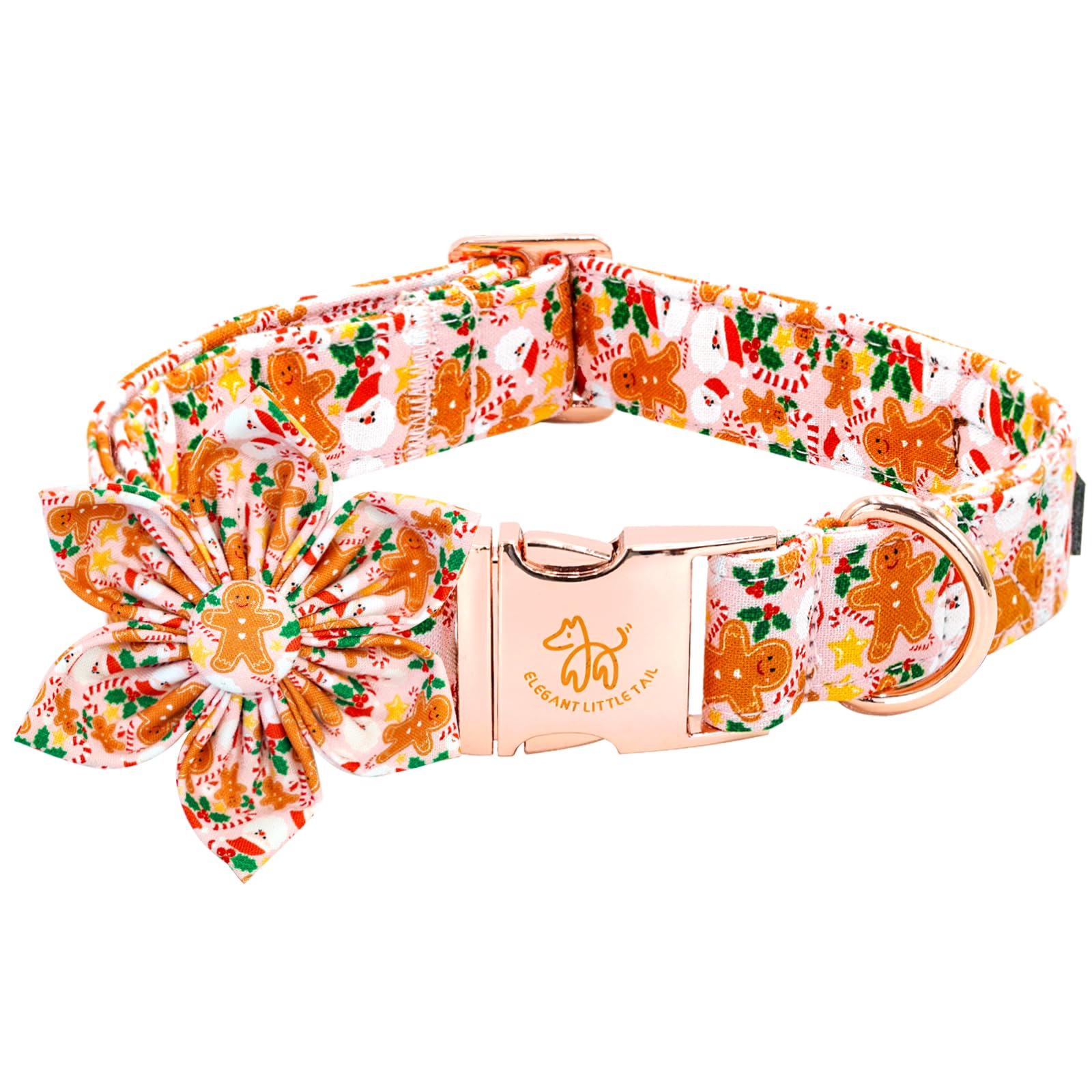 Elegant little tail Christmas dog collar with pink gingerbread man design for festive outings.