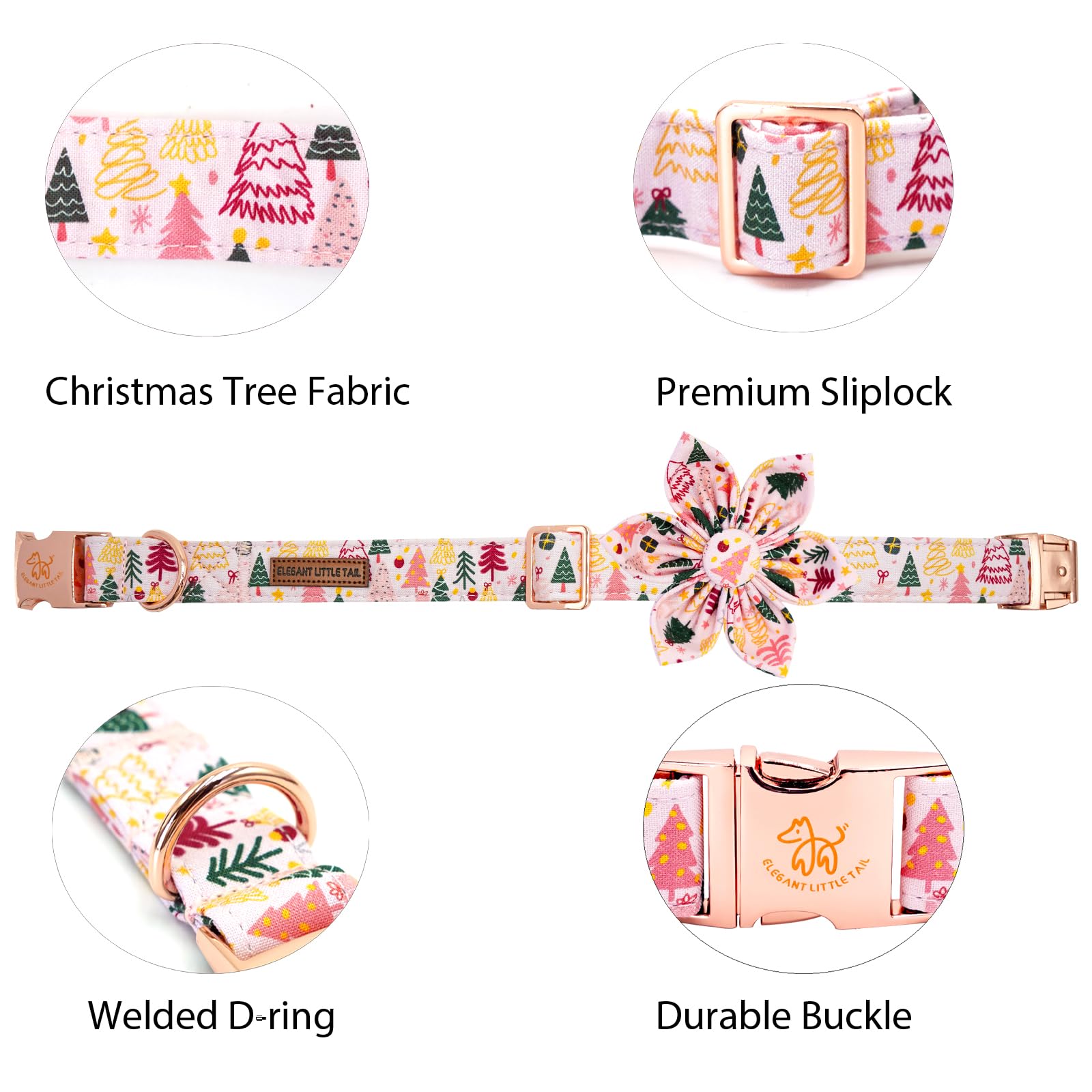 Elegant little tail Christmas tree pattern collar showcased on a small dog for a cheerful holiday look.