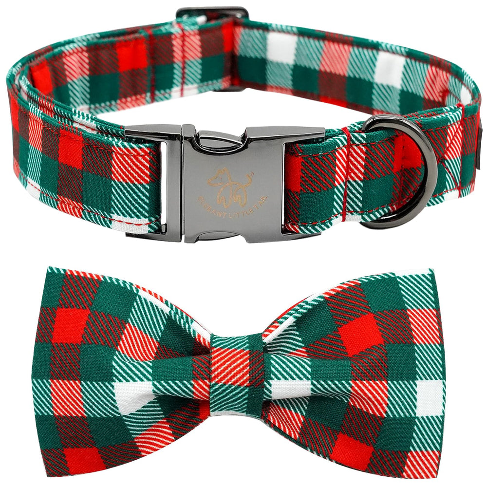 Elegant Little Tail collar plaid bow closeup for holiday-ready photos.