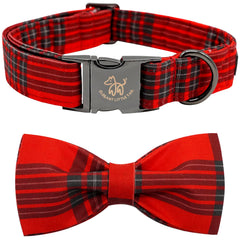 Elegant little tail dog collar bow Christmas plaid closeup with soft cotton and sturdy stitching