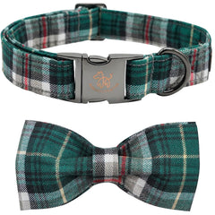 Elegant Little Tail dog collar with bow plaid closeup for festive style