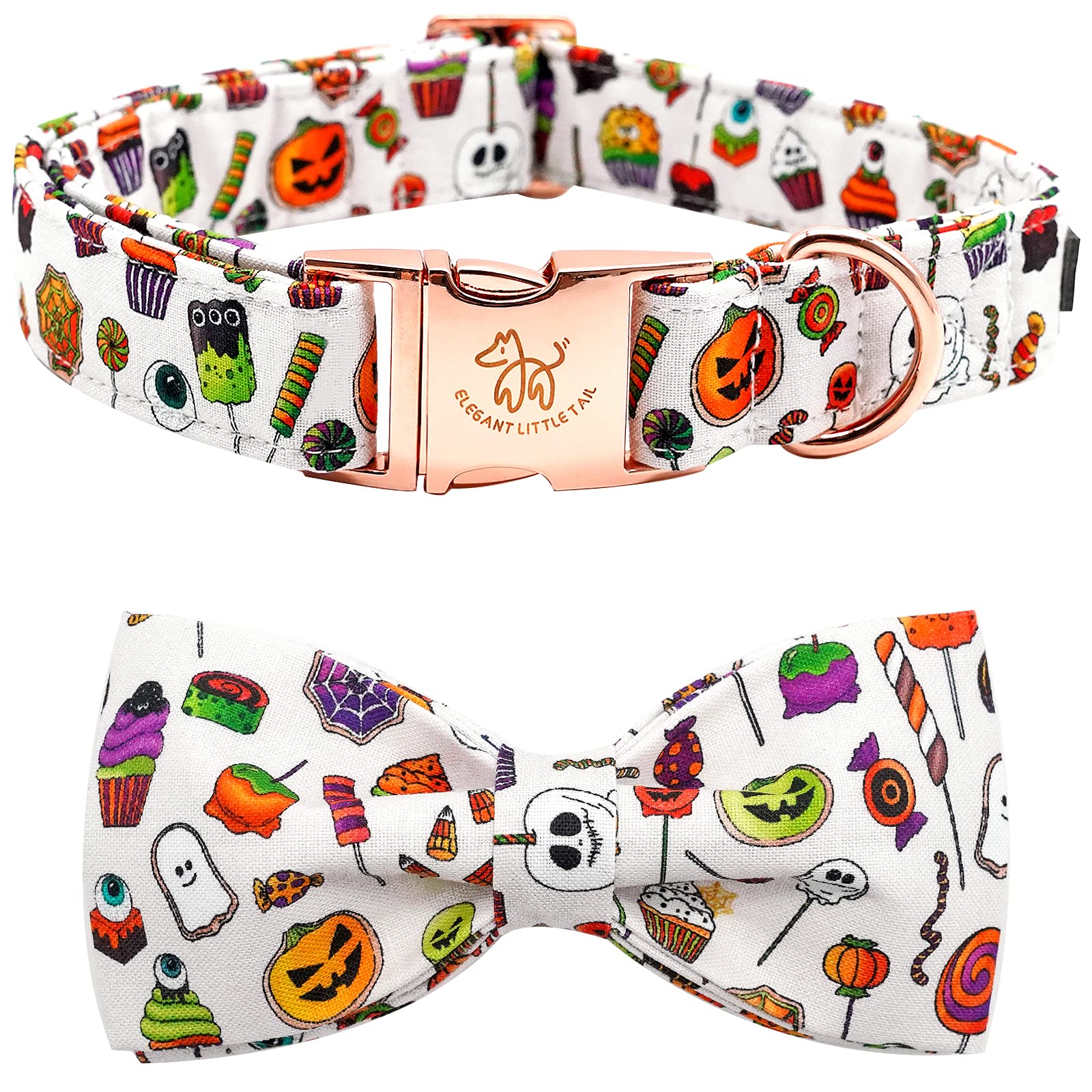 Elegant little tail dog collar bow wear showcases festive pumpkin design for autumn styling.