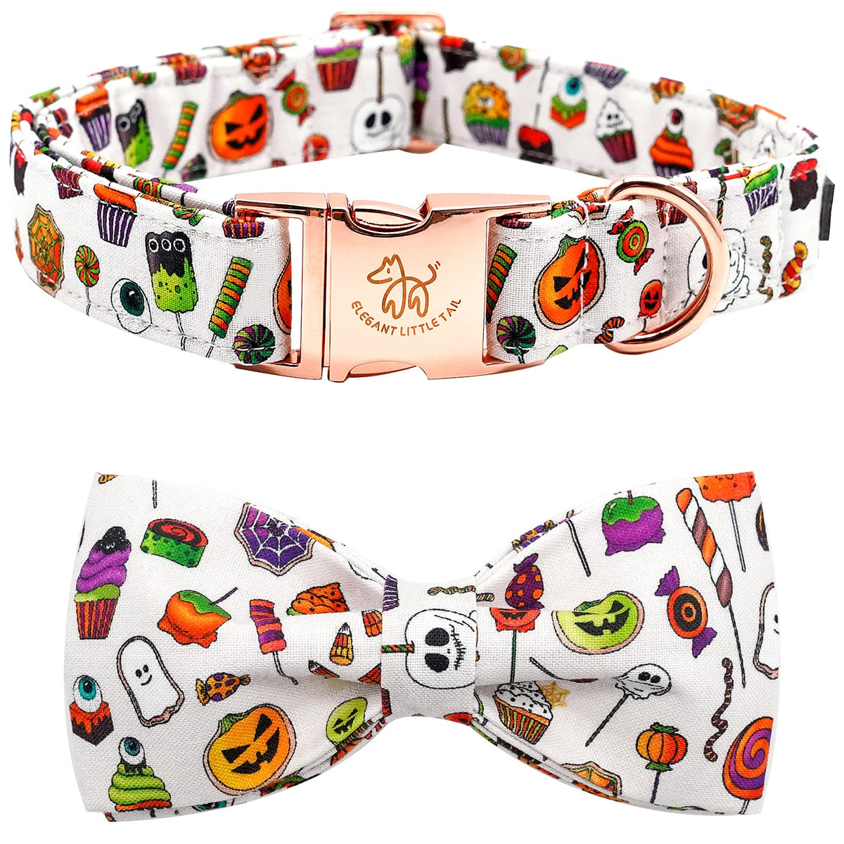 Elegant little tail dog collar bow wear showcases festive pumpkin design for autumn styling.