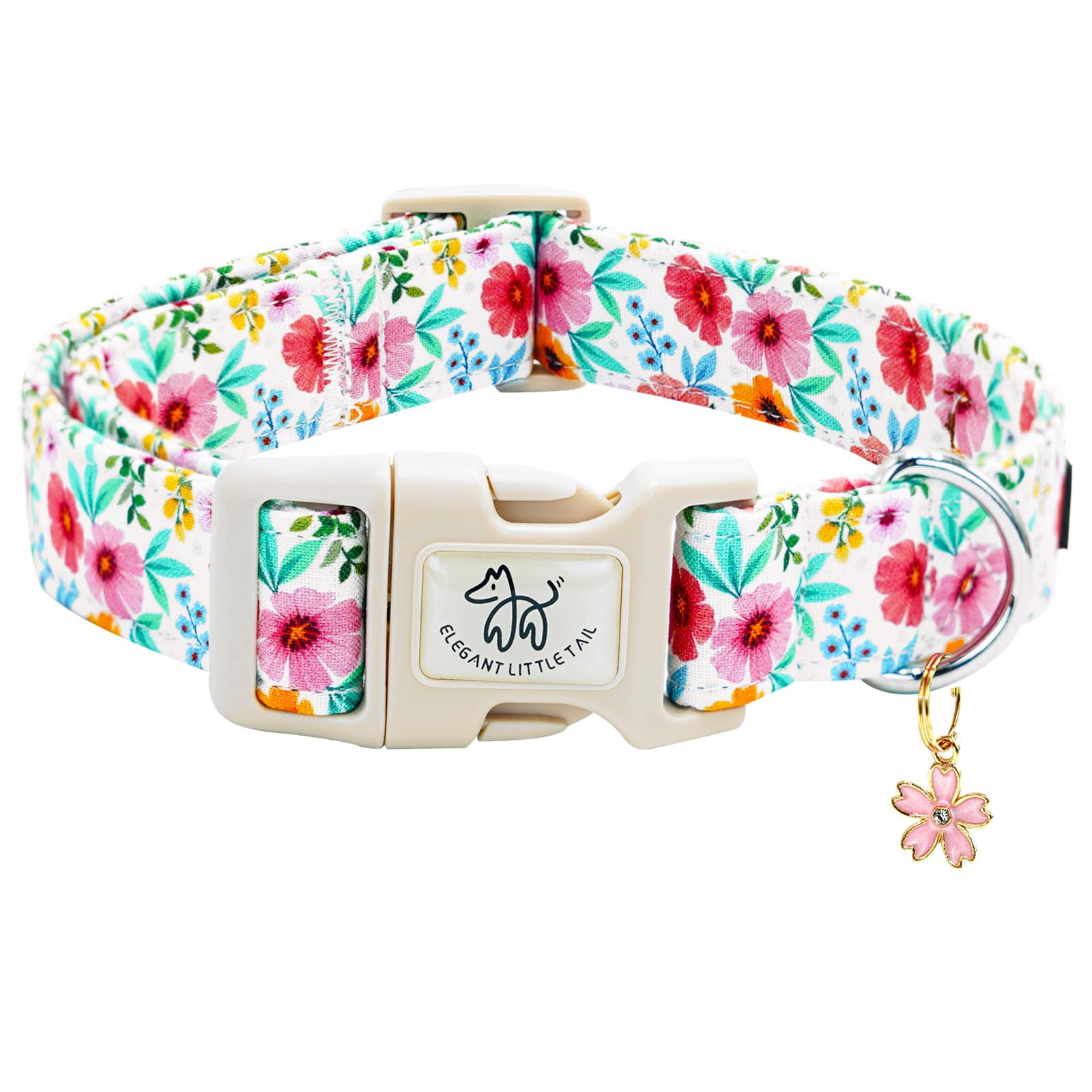 Elegant little tail dog collar pink floral pattern closeup, showcasing soft cotton comfort for daily walks.