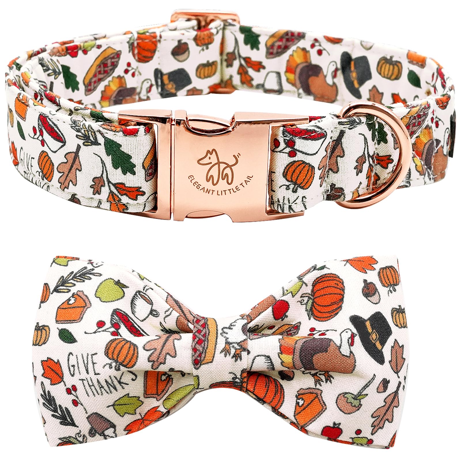 Elegant Little Tail dog collar with soft bow and turkey design for festive photos