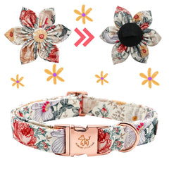 Elegant Little Tail flower detail on collar close-up view.