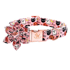 Elegant little tail flower-dog-collar close-up showing removable decor for easy style changes.