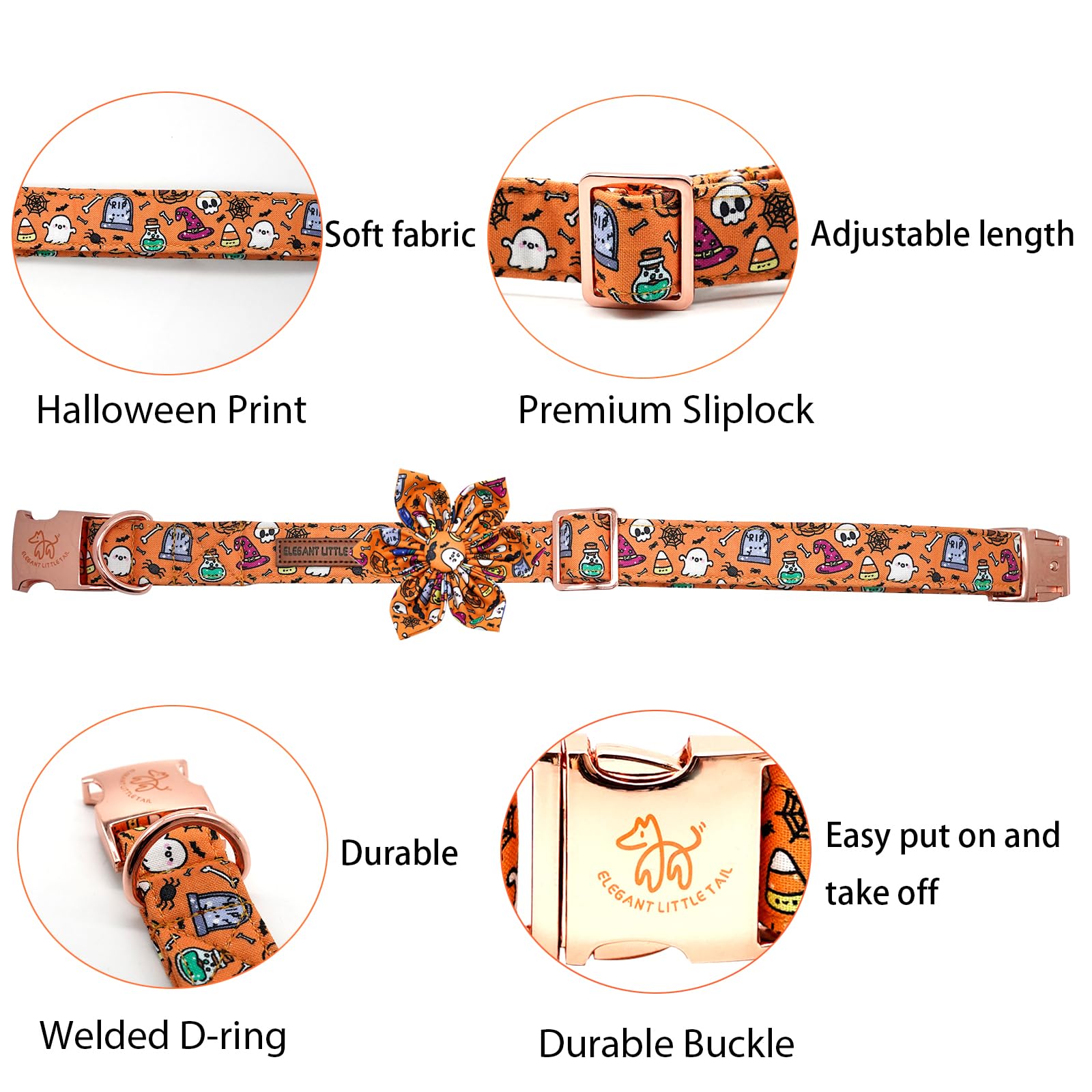 Elegant Little Tail orange pumpkin collar on small dog neck for daily wear