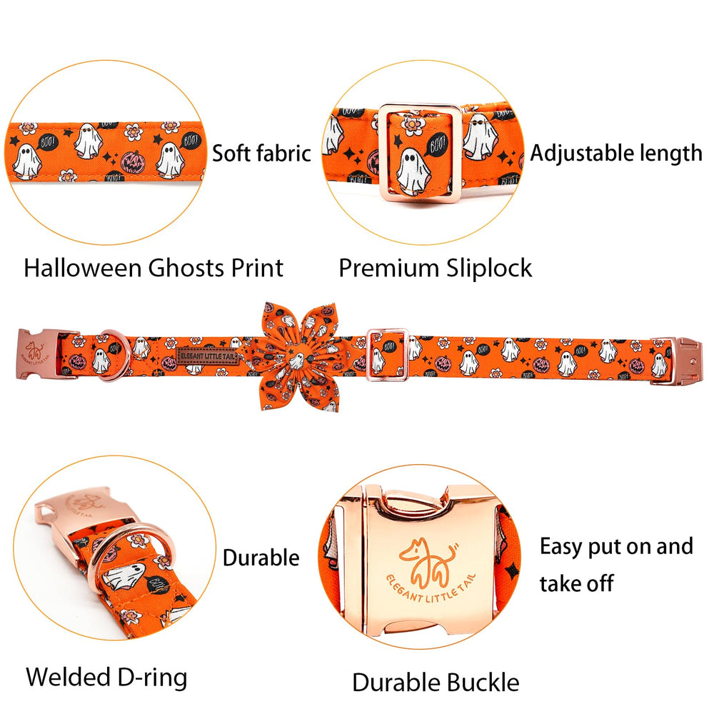 Elegant Little Tail Halloween dog collar ghosts and pumpkins deliver playful seasonal style for photos.