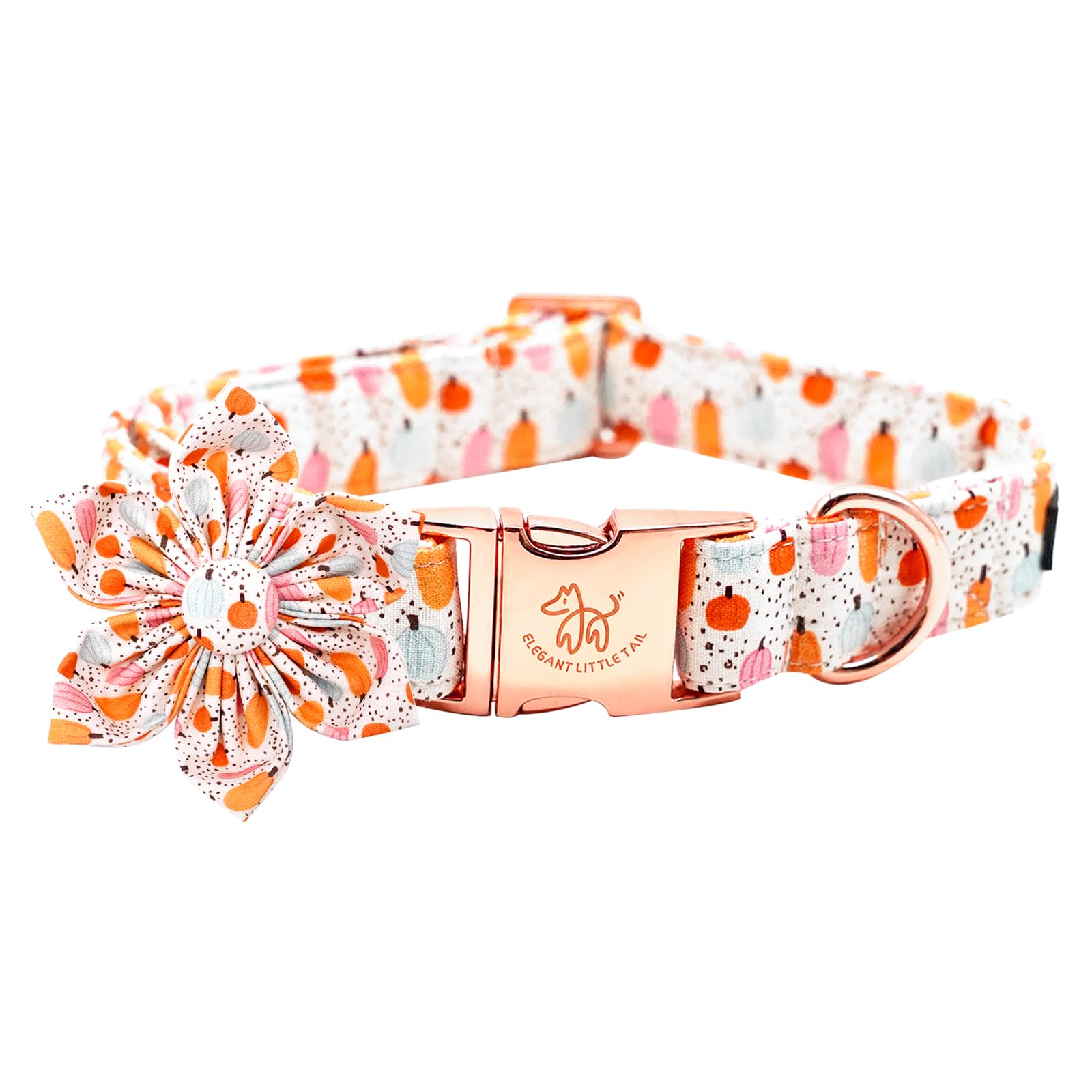 Elegant Little Tail Halloween dog collar pumpkin flower closeup showcases removable floral detail.