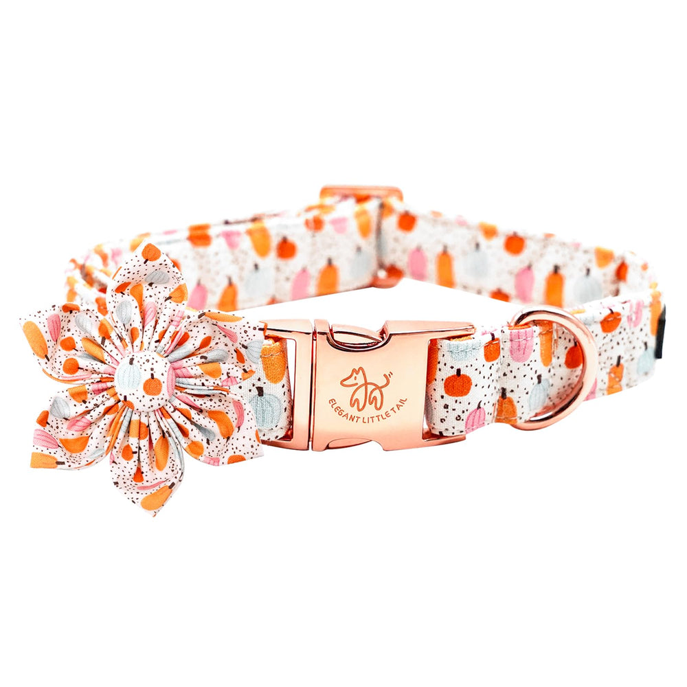 Elegant Little Tail Halloween dog collar pumpkin flower closeup showcases removable floral detail.