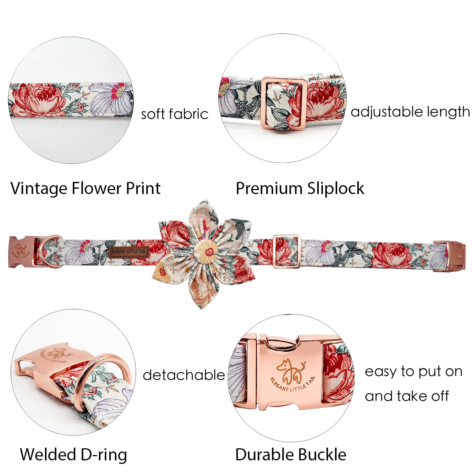 Elegant Little Tail removable flower feature on collar adds versatility.