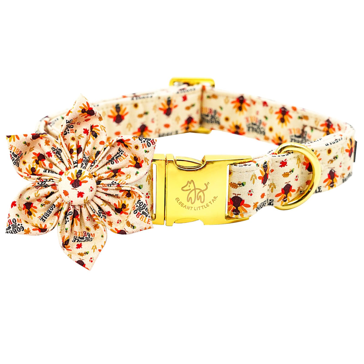 Elegant little tail turkey-print dog collar for festive Thanksgiving photos.