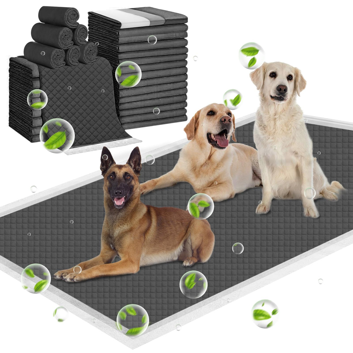 ELEGX extra-large charcoal puppy pad showing charcoal side absorbing urine effectively