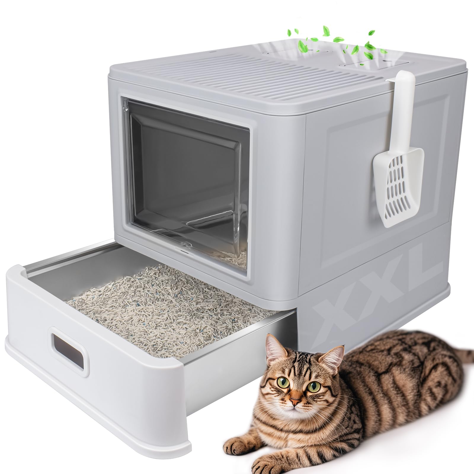 ELEGX foldable-travel-friendly design demonstrates portability for on-the-go litter care.