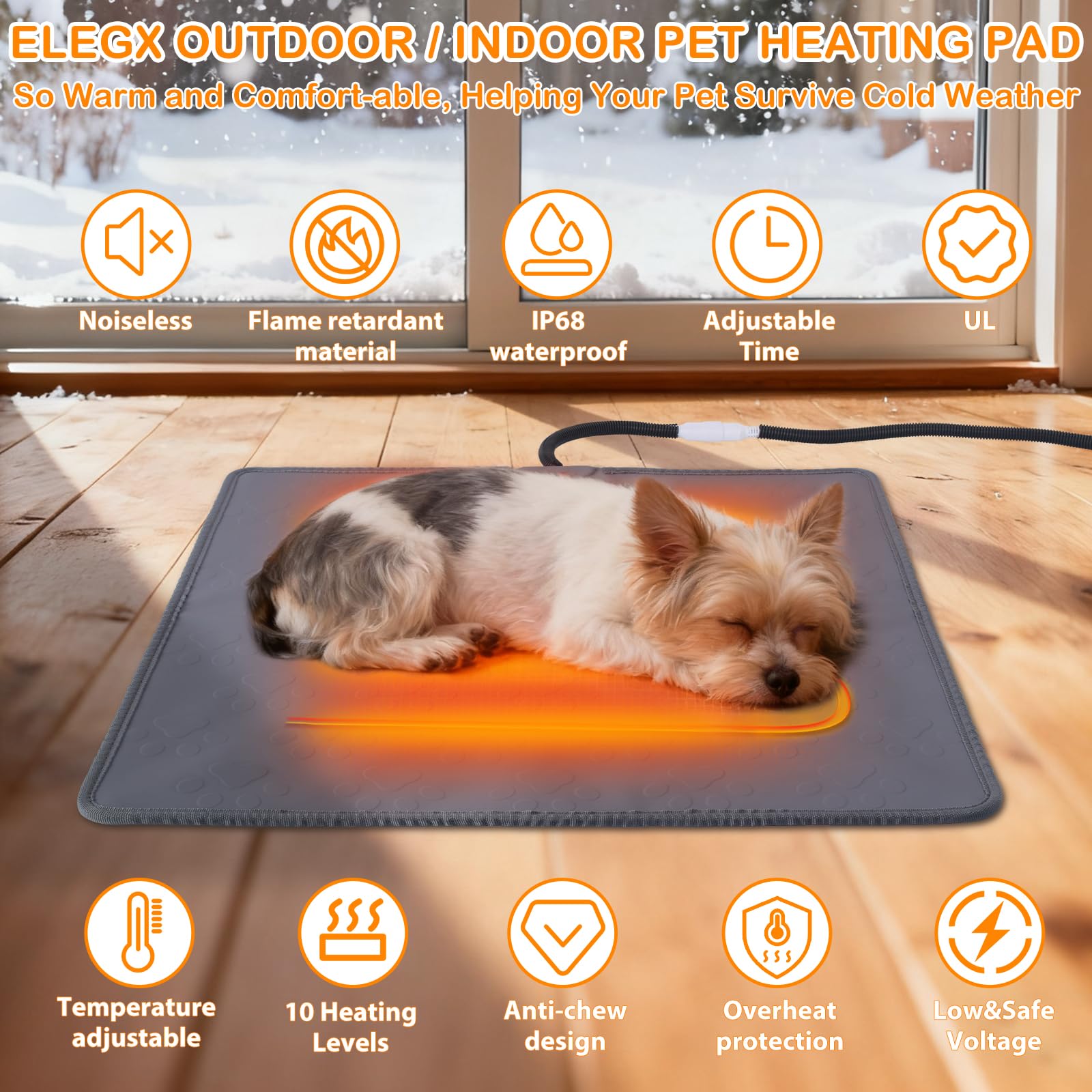 ELEGX pet heating pad features waterproof silicone envelope for easy cleanup