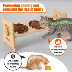Side view of elevated cat bowls on yellow bamboo stand for varied meals.