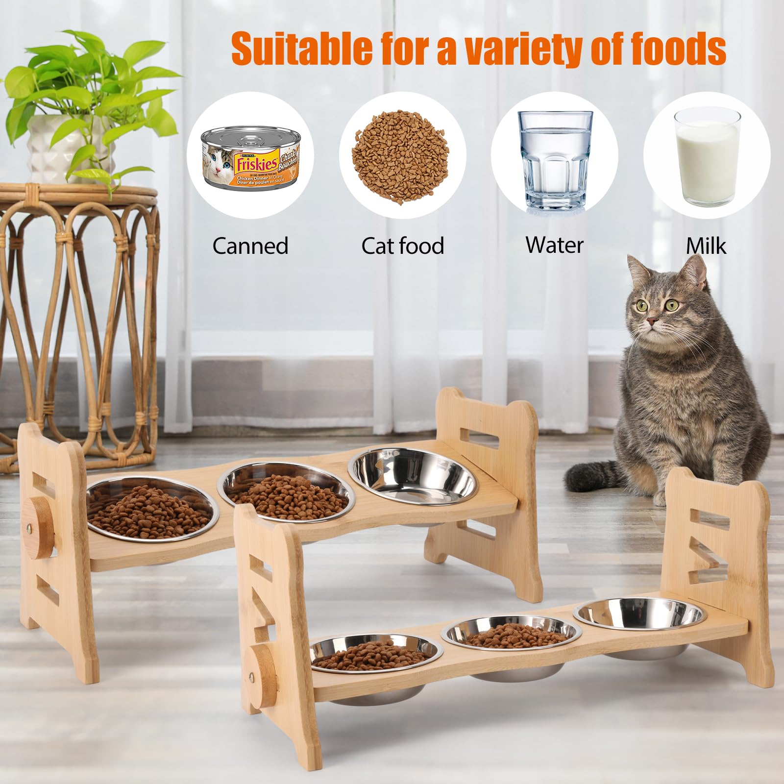Three 18-ounce stainless steel bowls in yellow stand for versatile feeding.