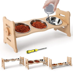 Elevated cat bowls with 10-degree tilt and yellow bamboo stand, front view reduces spills.