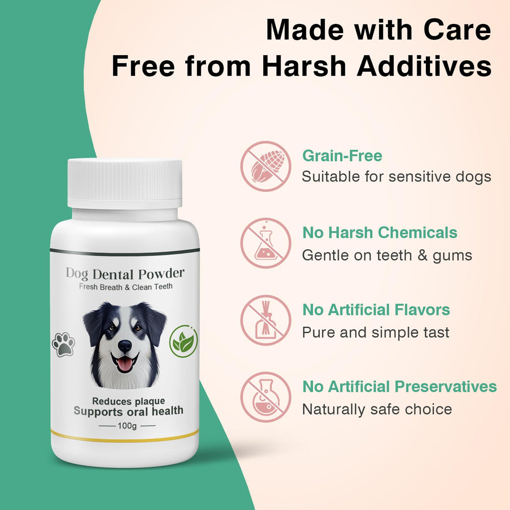 elevtc dog dental powder packaging closeup emphasizes care and quality.