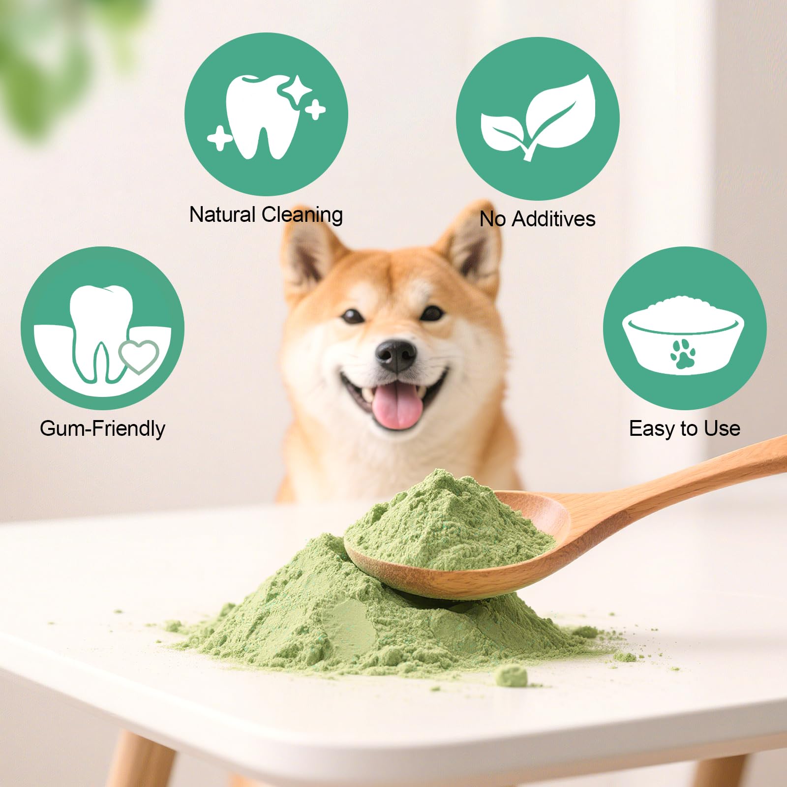elevtc dog dental powder sprinkled over food shows no-brush convenience.
