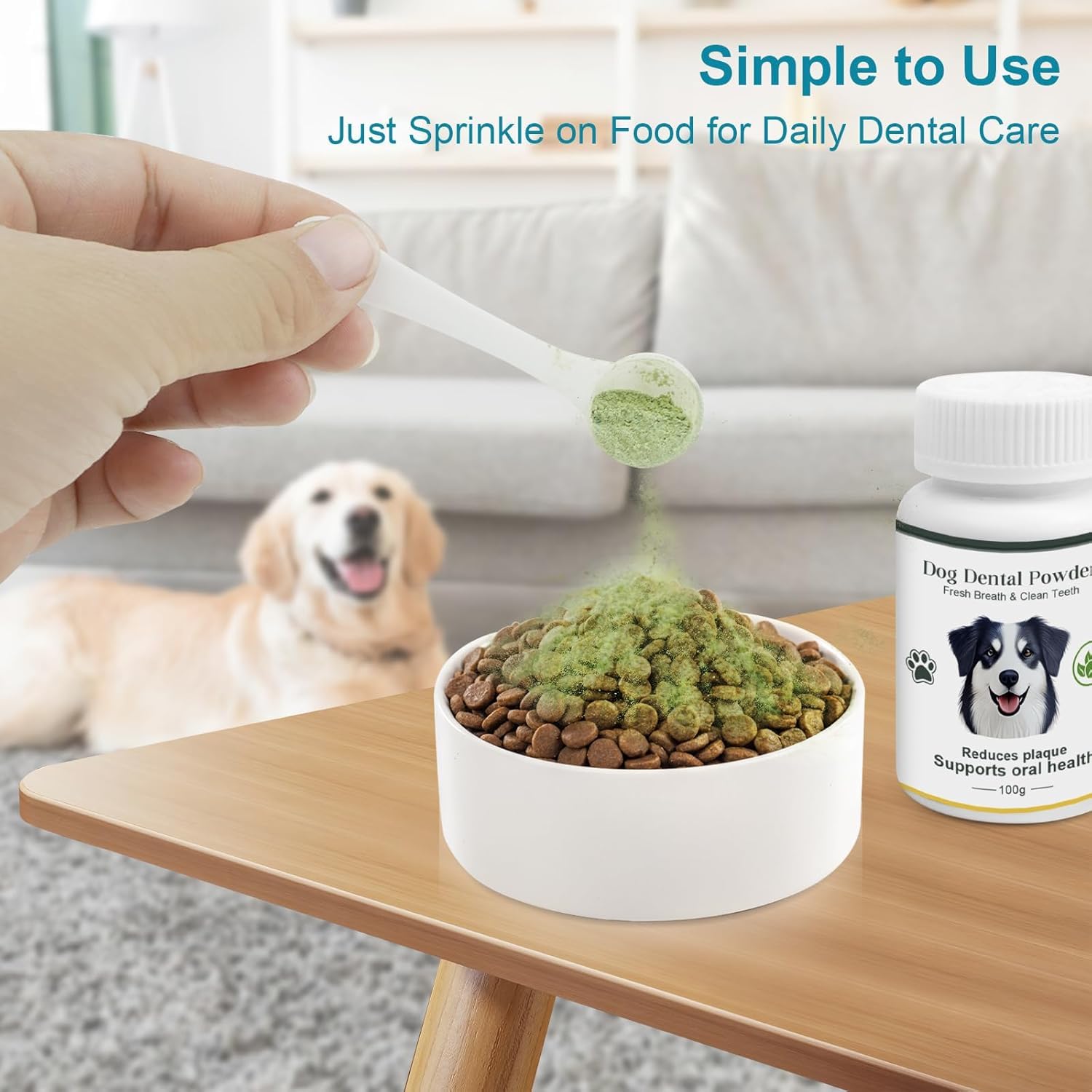 ELEVTC dog teeth powder on-meal shows the powder sprinkled into food.