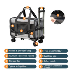 Elfpeth pet carrier with wheels, bottom view, four-wheel stability for easy handling